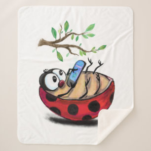 Happy Little Ladybug with Phone - Cartoon Drawing  Sherpa Blanket