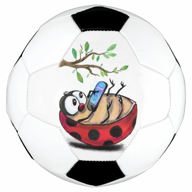 Happy Little Ladybug with Phone - Cartoon Drawing  Soccer Ball (Front)