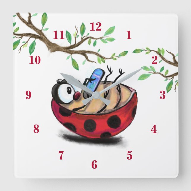 Happy Little Ladybug with Phone - Cartoon Drawing  Square Wall Clock (Front)