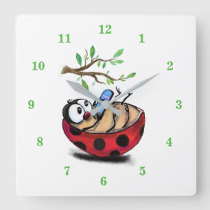 Happy Little Ladybug with Phone - Cartoon Drawing  Square Wall Clock