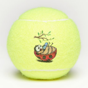 Happy Little Ladybug with Phone - Cartoon Drawing Tennis Balls