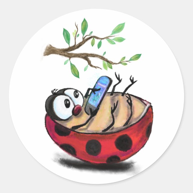 Happy Little Ladybug with Phone Funny Sticker (Front)
