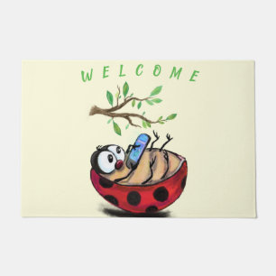 Happy Little Ladybug with Phone - Welcome Doormat