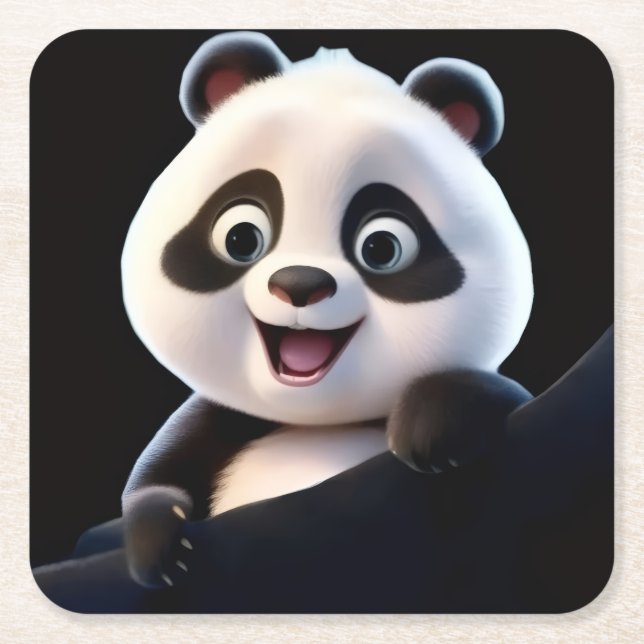 Happy Little Panda Square Paper Coaster (Front)