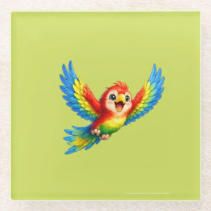 Happy Little Parrot Cartoon Art for Kids and Bird Glass Coaster