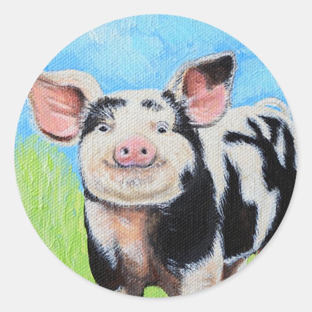 Happy Little Pig Painting Classic Round Sticker (Front)