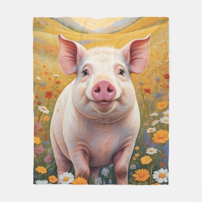 Happy Little Pig Sunny Daisy Field Fleece Blanket (Front)