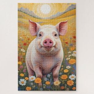Happy Little Pig Sunny Daisy Field Jigsaw Puzzle