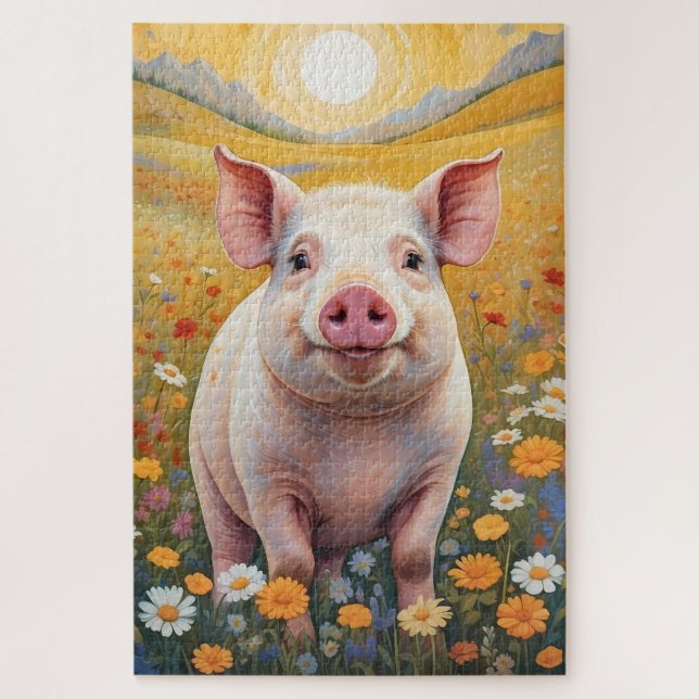 Happy Little Pig Sunny Daisy Field Jigsaw Puzzle (Vertical)