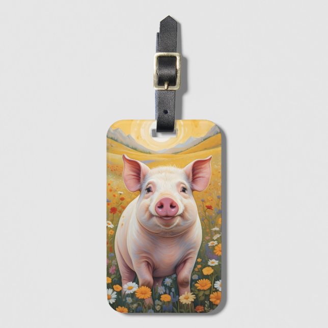 Happy Little Pig Sunny Daisy Field Luggage Tag (Front Vertical)