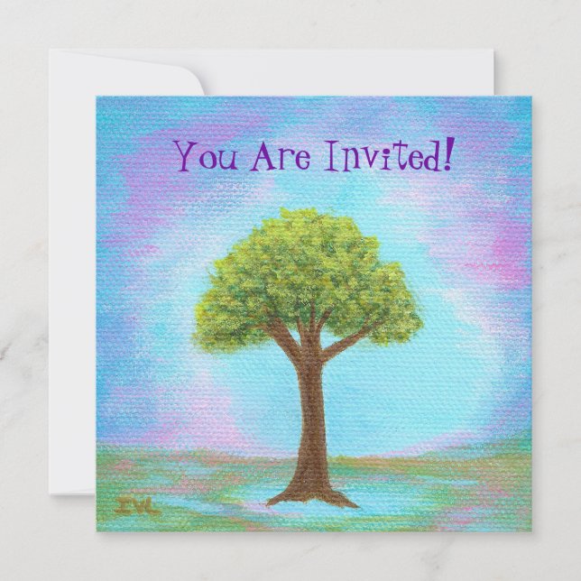Happy Little Tree Whimsical Landscape Art Blue Invitation (Front)