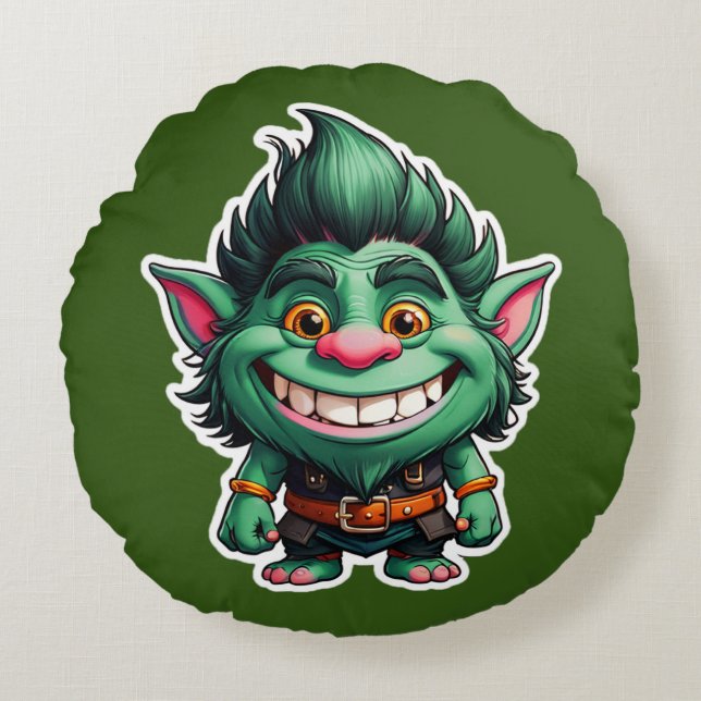 Happy Little Troll Chibi illustration Round Cushion (Front)