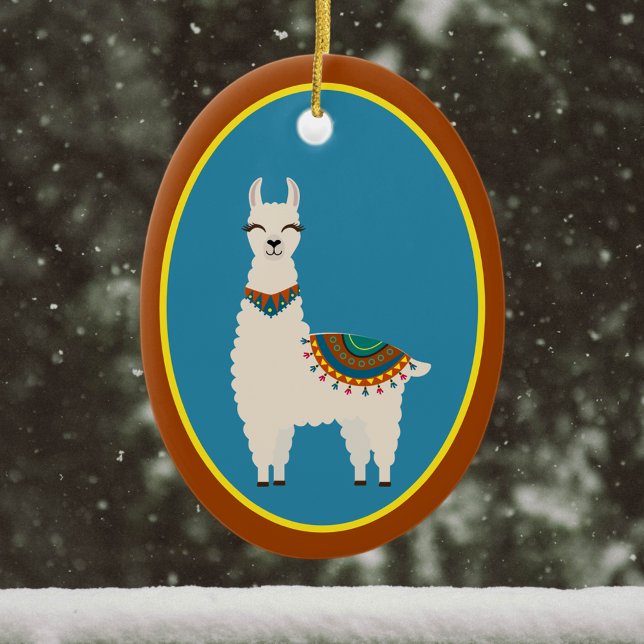 Happy Llama on Blue Ceramic Ornament (Creator Uploaded)