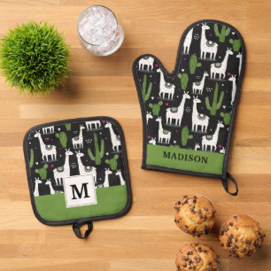 Happy Llama Pattern Oven Mitt & Pot Holder Set