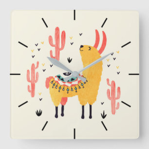 Happy llama with cactus square wall clock