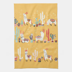 Happy Llama with Flowers and Cacti Watercolour Tea Towel