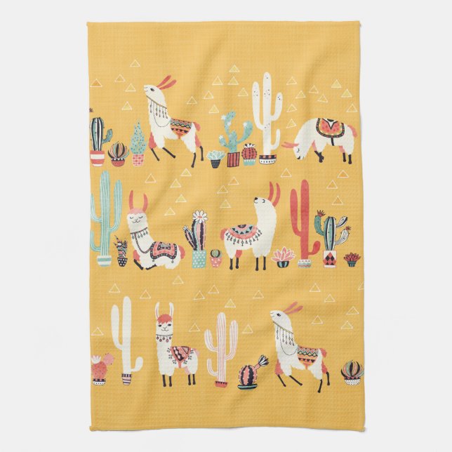 Happy Llama with Flowers and Cacti Watercolour Tea Towel (Vertical)