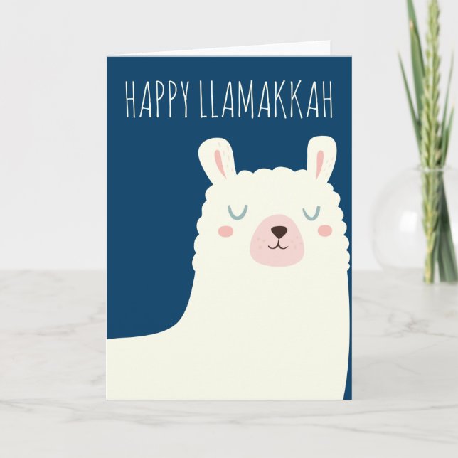 Happy Llamakkah Blue Hanukkah Llama Cute Holiday Card (Front)