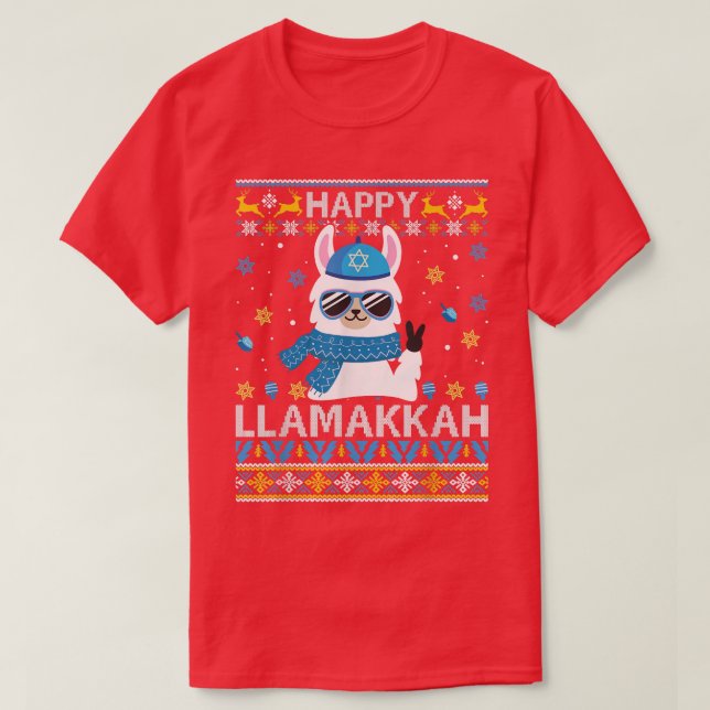 Happy Llamakkah Llama Ugly Hanukkah Ugly Christmas T-Shirt (Design Front)