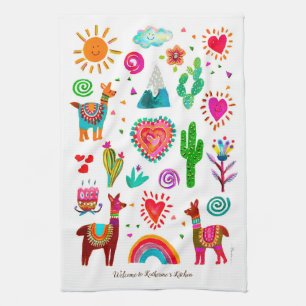 Happy Llamas & Hearts Customisable Kitchen Towels