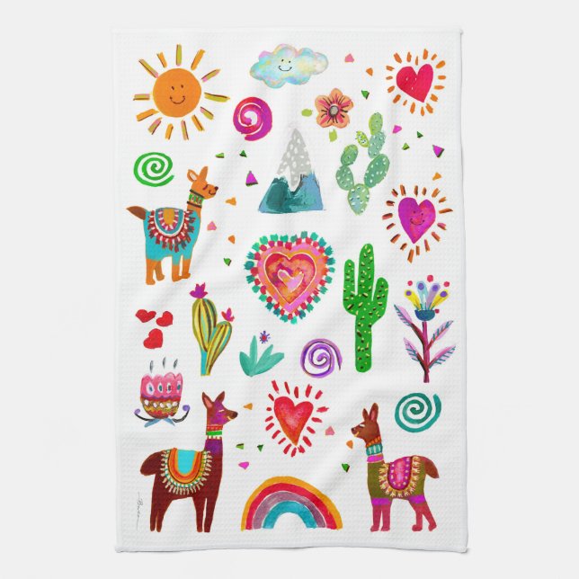 Happy Llamas & Hearts Simple Kitchen Towels (Vertical)