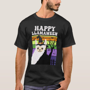 Happy Llamaween Llama Witch Retro Halloween Alpaca T-Shirt