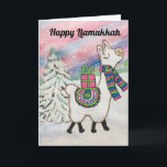 Happy Llamukkah Hanukkah Holiday Card<br><div class="desc">Give a Hanukkah greeting with a "Happy Llamukkah" holiday card. The design was created from my watercolour painting showing a sassy and cute llama prancing across the winter snow accented with blue,  green and pink colors. The card is whimsical and stylish,  perfect for modern seasonal celebrations.</div>