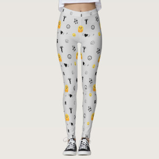 happy, love, smile, music emojis pattern on silver leggings