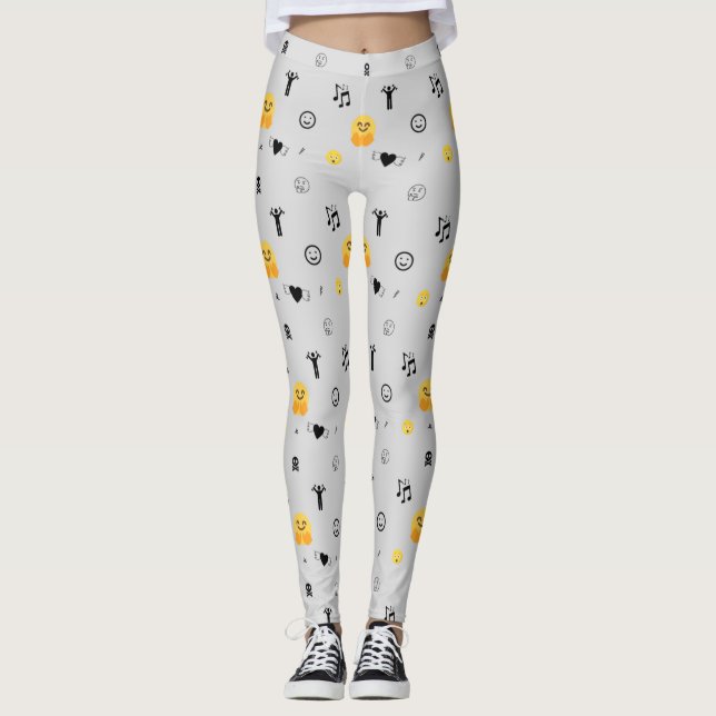 happy, love, smile, music emojis pattern on silver leggings (Front)