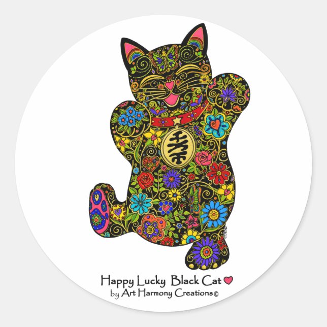 Happy Lucky Black Cat Sticker (Front)