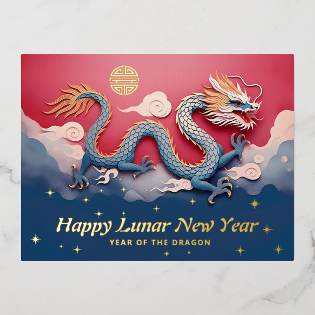 Happy Lunar New Year Dragon Foil Holiday Post Card (Front)