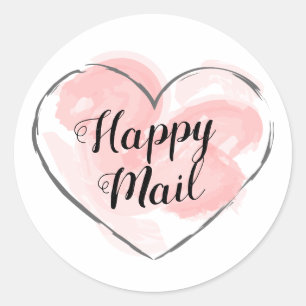 Happy Mail handwritten text soft watercolor heart Classic Round Sticker