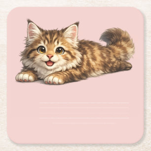 Happy Maine Coon Cat Cosy Positive Vibes Design Square Paper Coaster