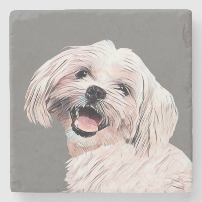 Happy Maltese Doggy Marble Coaster (Front)