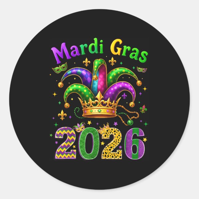 Happy Mardi Gras 2026 Jester Hat Men Women Kid Car Classic Round Sticker (Front)