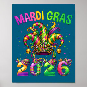 Happy Mardi Gras 2026 Jester Illustration Poster