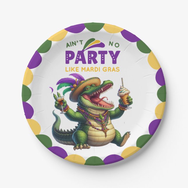Happy Mardi Gras Alligator Paper Plate (Front)