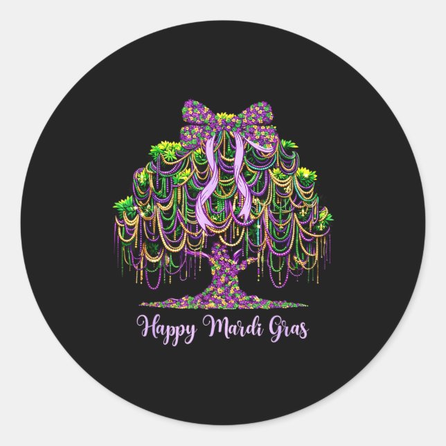 Happy Mardi Gras Beads Tree Classic Round Sticker (Front)