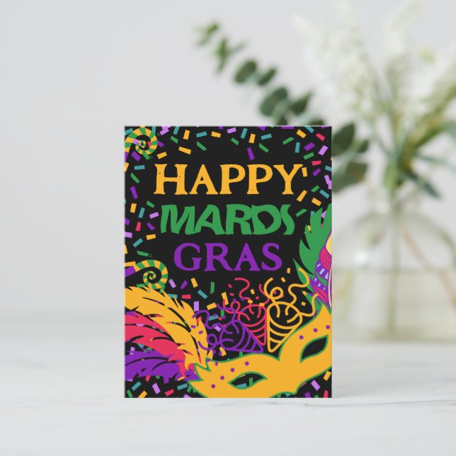 happy mardi gras black postcard (Standing Front)