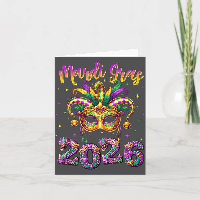 Happy Mardi Gras Carnival 2026 Jester Hat Men Wome Card (Front)