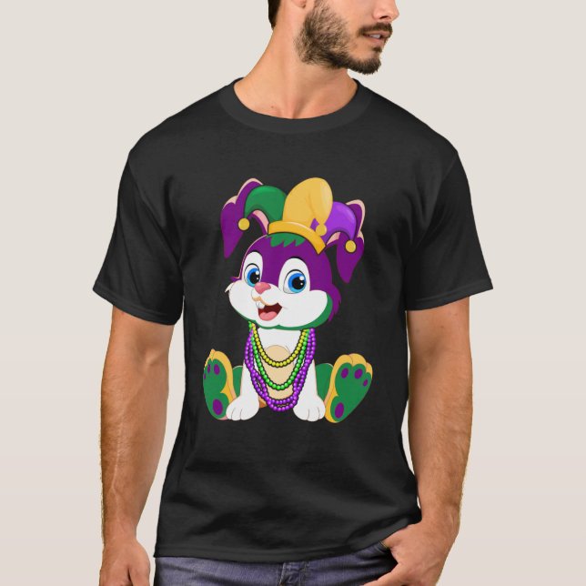 Happy Mardi Gras Cute Bunny Wearing Beads Jester H T-Shirt (Front)