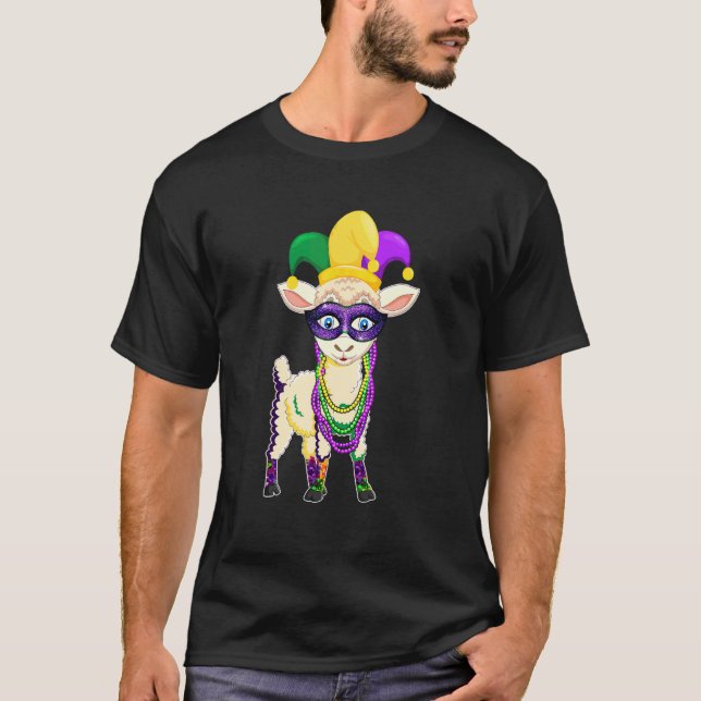 Happy Mardi Gras Cute Sheep Wearing Beads Jester H T-Shirt (Front)