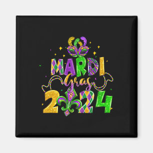 Happy Mardi Gras Fat Tuesday Beads Mask Jester Hat Magnet