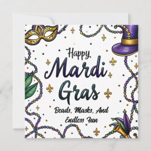 Happy Mardi Gras Feathered and Mask Holiday Card