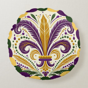 Happy Mardi Gras fleur-de-lis Round Cushion