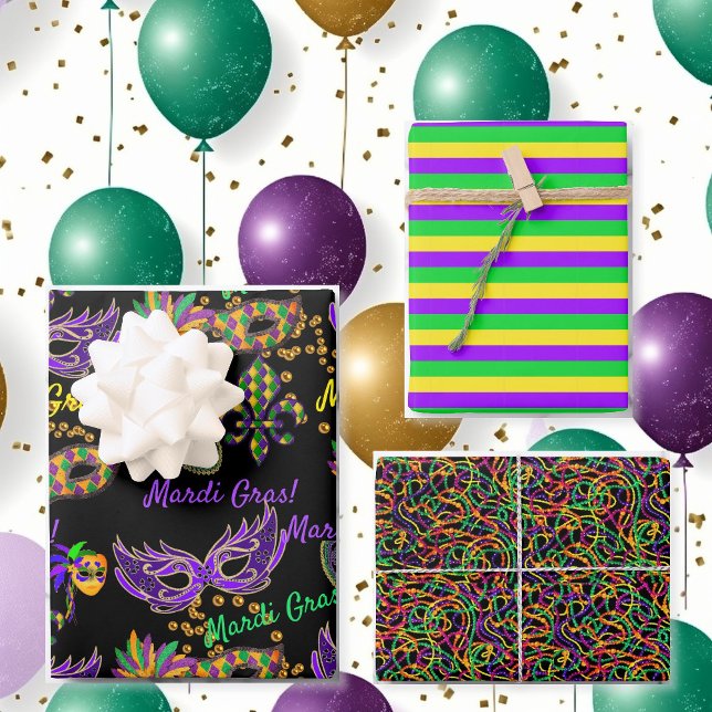 Happy Mardi Gras Masks Beads 3 Coordinating Wrapping Paper Sheet (Creator Uploaded)