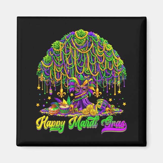 Happy Mardi Gras Tree Beads Mask Carnival New Orle Magnet (Front)