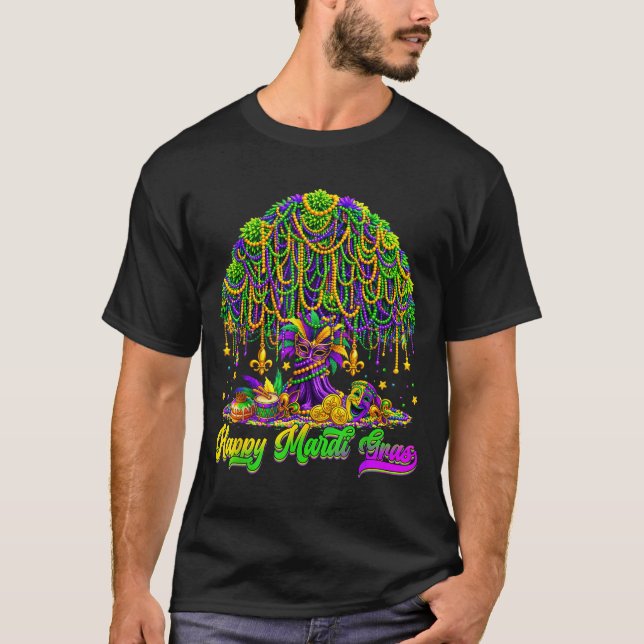 Happy Mardi Gras Tree Beads Mask Carnival New Orle T-Shirt (Front)