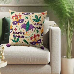 Happy Mardi Gras Y'All Masks Fleur De Lis Beads Cushion