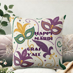 Happy Mardi Gras Y'All Masks Fleur De Lis Beads Cushion